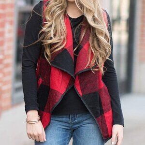 Buffalo Plaid Open Vest Women's Size S Red Black Relaxed Lapel Pocket​​​​